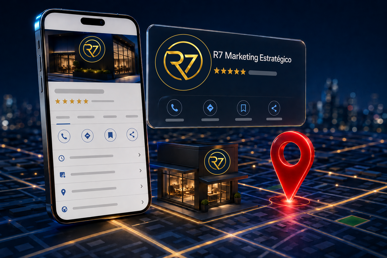 Perfil local da R7 em um celular, mapa 3D, fachada comercial e pin de localização